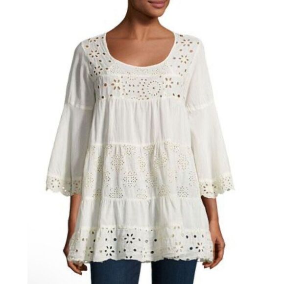 Johnny Was Ivory Open Embroidered Eyelet 3/4 Bell Sleeve Tier Oversized Tunic EC - Picture 1 of 8